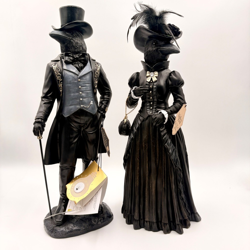 Hallow's Eve Victorian Raven Couple Halloween LED Lighted Figurines Gothic Set